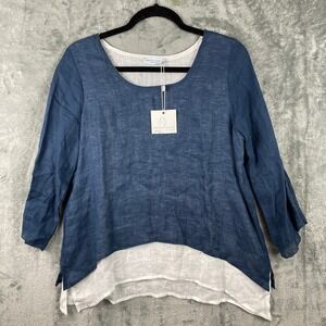 Sartoria Saracena Linen Shirt Small Blue White Layered Lagenlook Top Italy NEW